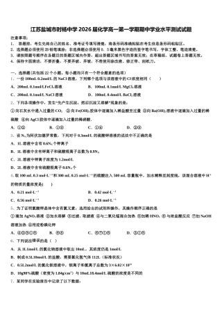 江苏盐城市时杨中学2026届化学高一第一学期期中学业水平测试试题含解析