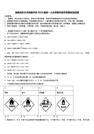海南省东方市民族中学2026届高一上化学期中教学质量检测试题含解析