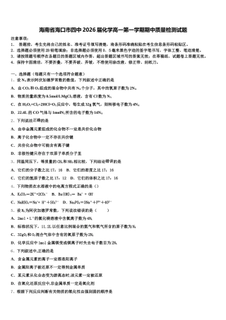 海南省海口市四中2026届化学高一第一学期期中质量检测试题含解析