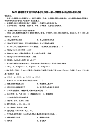 2026届海南省文昌市华侨中学化学高一第一学期期中综合测试模拟试题含解析