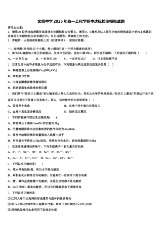 文昌中学2025年高一上化学期中达标检测模拟试题含解析