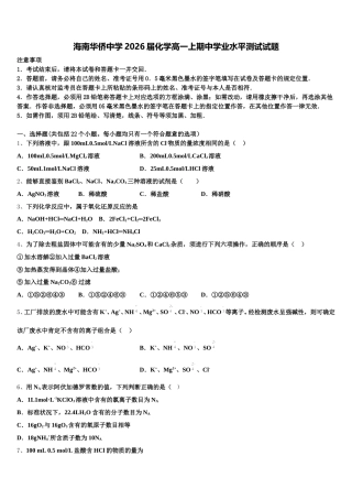 海南华侨中学2026届化学高一上期中学业水平测试试题含解析