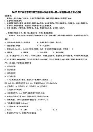 2025年广东省东莞市第五高级中学化学高一第一学期期中综合测试试题含解析
