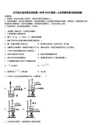 辽宁省大连市普兰店区第一中学2026届高一上化学期中复习检测试题含解析