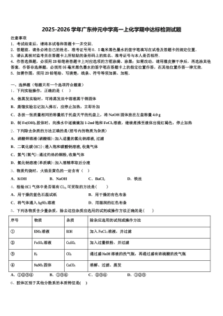 2025-2026学年广东仲元中学高一上化学期中达标检测试题含解析