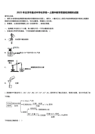 2025年云浮市重点中学化学高一上期中教学质量检测模拟试题含解析
