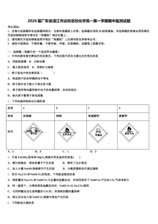 2026届广东省湛江市达标名校化学高一第一学期期中监测试题含解析