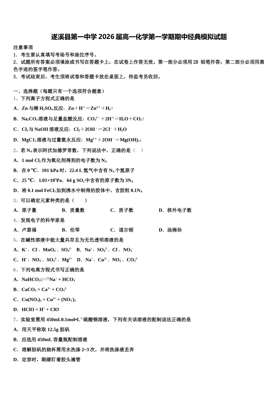 遂溪县第一中学2026届高一化学第一学期期中经典模拟试题含解析_第1页