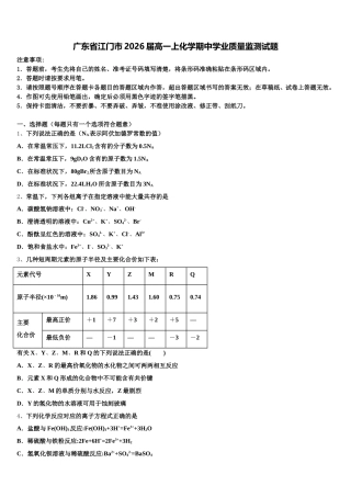 广东省江门市2026届高一上化学期中学业质量监测试题含解析