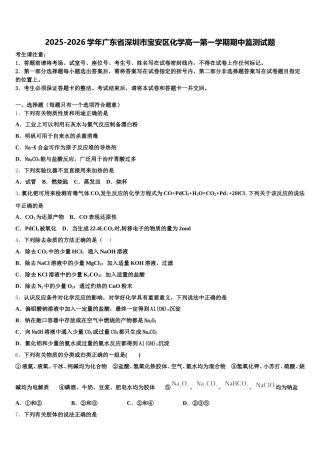 2025-2026学年广东省深圳市宝安区化学高一第一学期期中监测试题含解析