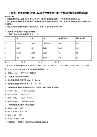 广东省广州市荔湾区2025-2026学年化学高一第一学期期中教学质量检测试题含解析