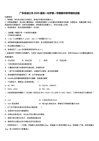 广东省湛江市2026届高一化学第一学期期中联考模拟试题含解析
