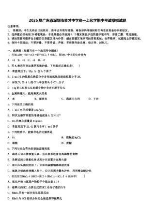 2026届广东省深圳市育才中学高一上化学期中考试模拟试题含解析