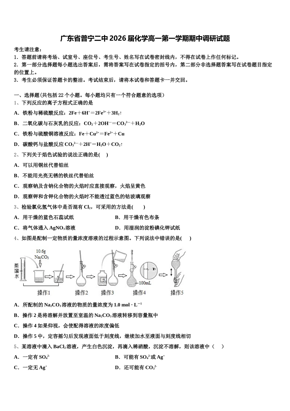 广东省普宁二中2026届化学高一第一学期期中调研试题含解析_第1页
