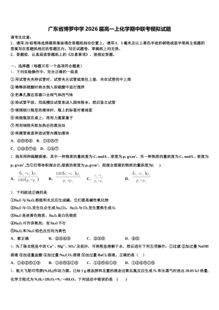 广东省博罗中学2026届高一上化学期中联考模拟试题含解析