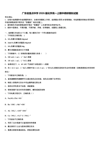 广东省重点中学2026届化学高一上期中调研模拟试题含解析