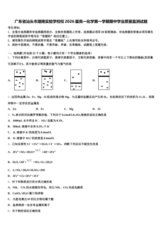 广东省汕头市潮南实验学校校2026届高一化学第一学期期中学业质量监测试题含解析