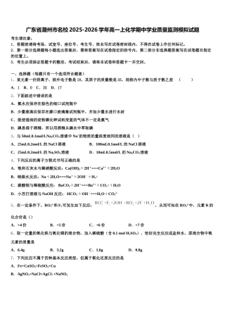 广东省潮州市名校2025-2026学年高一上化学期中学业质量监测模拟试题含解析