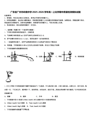 广东省广州市岭南中学2025-2026学年高一上化学期中质量检测模拟试题含解析