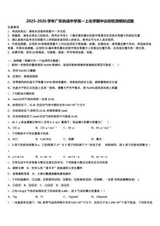 2025-2026学年广东执信中学高一上化学期中达标检测模拟试题含解析