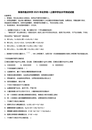 珠海市重点中学2025年化学高一上期中学业水平测试试题含解析