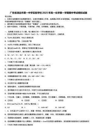 广东省清远市第一中学实验学校2025年高一化学第一学期期中考试模拟试题含解析
