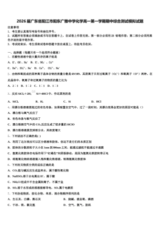 2026届广东省阳江市阳东广雅中学化学高一第一学期期中综合测试模拟试题含解析