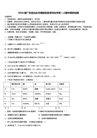 2026届广东省汕头市潮阳实验学校化学高一上期中调研试题含解析