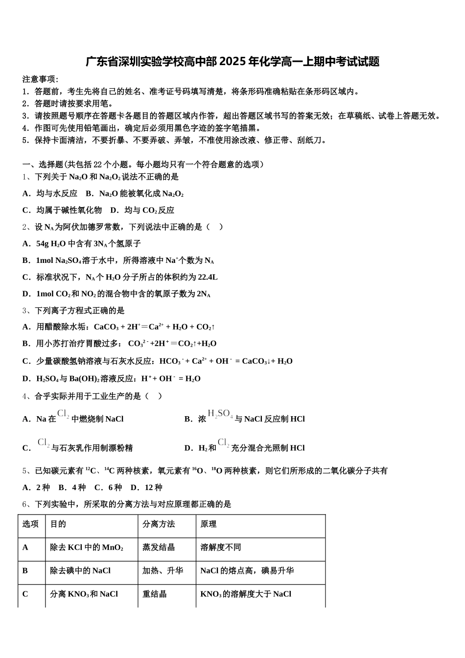 广东省深圳实验学校高中部2025年化学高一上期中考试试题含解析_第1页