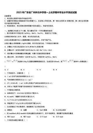 2025年广东省广州仲元中学高一上化学期中学业水平测试试题含解析