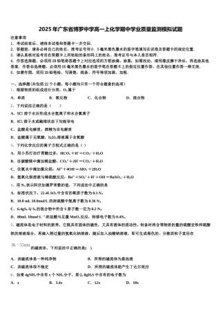 2025年广东省博罗中学高一上化学期中学业质量监测模拟试题含解析