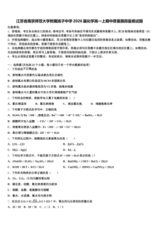江苏省南京师范大学附属扬子中学2026届化学高一上期中质量跟踪监视试题含解析
