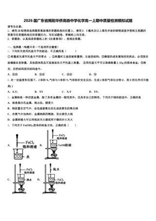 2026届广东省揭阳华侨高级中学化学高一上期中质量检测模拟试题含解析