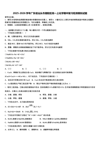 2025-2026学年广东省汕头市潮阳区高一上化学期中复习检测模拟试题含解析