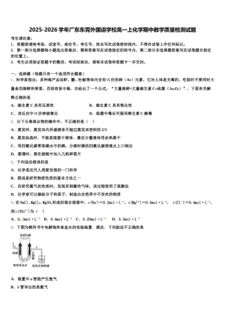 2025-2026学年广东东莞外国语学校高一上化学期中教学质量检测试题含解析