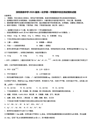 深圳高级中学2026届高一化学第一学期期中综合测试模拟试题含解析