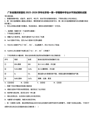 广东省肇庆联盟校2025-2026学年化学高一第一学期期中学业水平测试模拟试题含解析