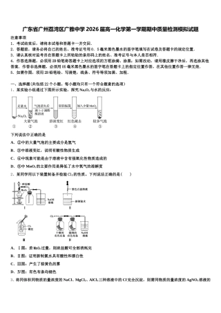 广东省广州荔湾区广雅中学2026届高一化学第一学期期中质量检测模拟试题含解析