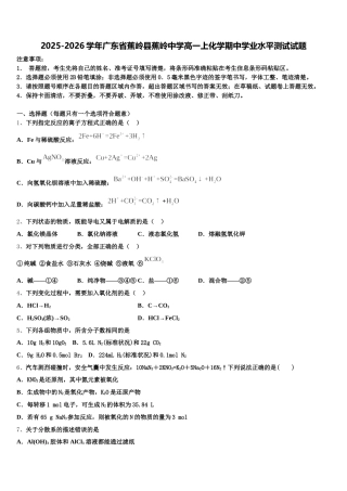 2025-2026学年广东省蕉岭县蕉岭中学高一上化学期中学业水平测试试题含解析