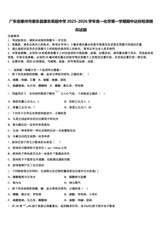 广东省惠州市惠东县惠东荣超中学2025-2026学年高一化学第一学期期中达标检测模拟试题含解析