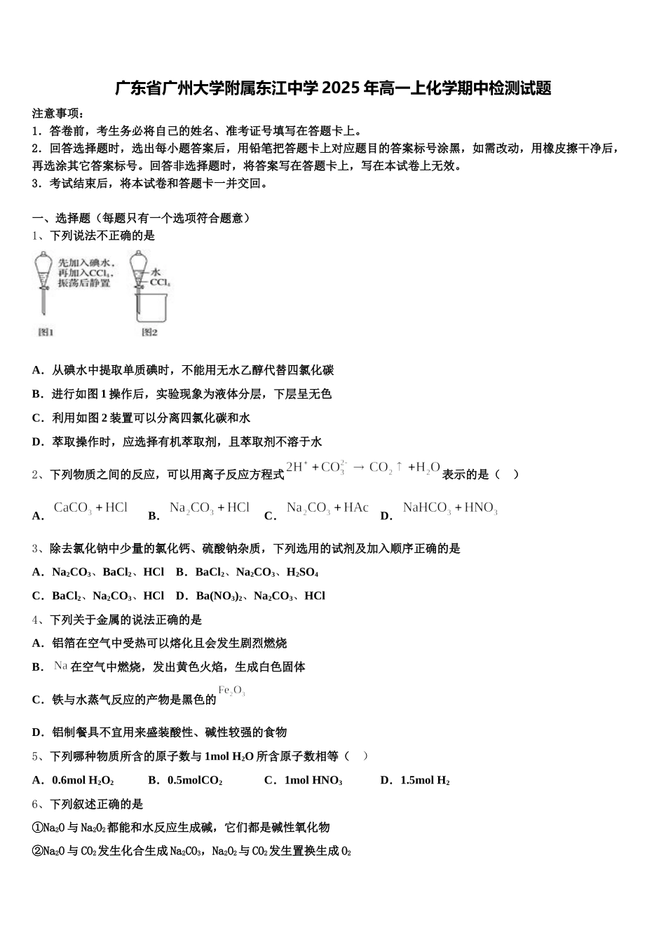 广东省广州大学附属东江中学2025年高一上化学期中检测试题含解析_第1页