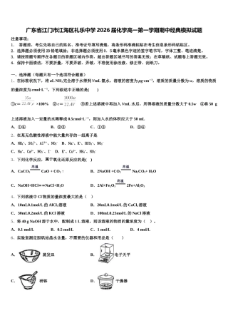 广东省江门市江海区礼乐中学2026届化学高一第一学期期中经典模拟试题含解析