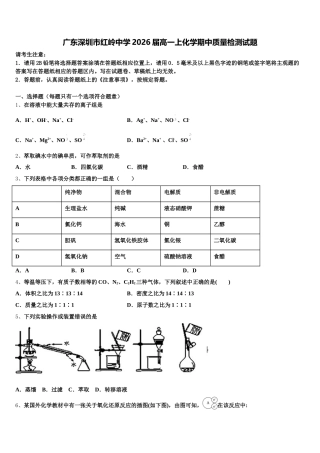 广东深圳市红岭中学2026届高一上化学期中质量检测试题含解析