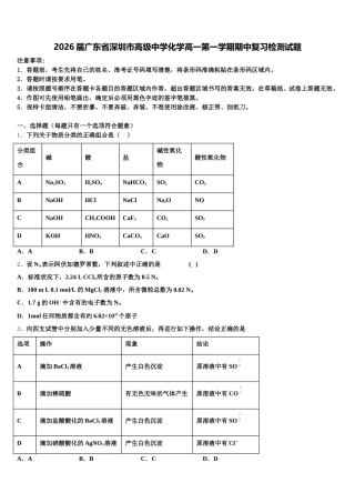 2026届广东省深圳市高级中学化学高一第一学期期中复习检测试题含解析