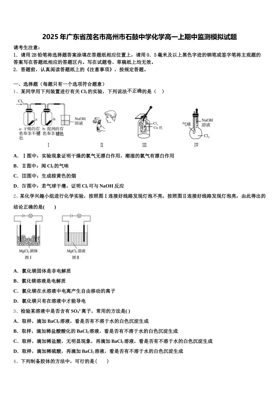 2025年广东省茂名市高州市石鼓中学化学高一上期中监测模拟试题含解析_第1页