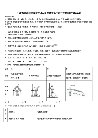 广东省惠来县葵潭中学2025年化学高一第一学期期中考试试题含解析
