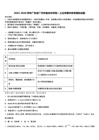 2025-2026学年广东省广州市真光中学高一上化学期中统考模拟试题含解析