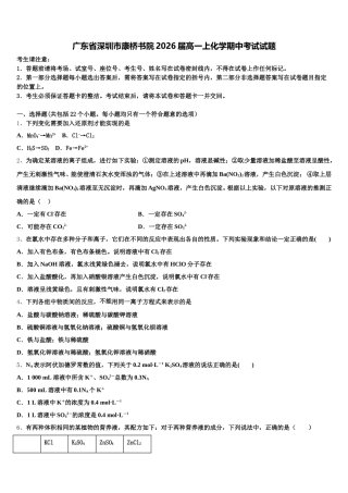 广东省深圳市康桥书院2026届高一上化学期中考试试题含解析