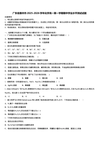广东省惠州市2025-2026学年化学高一第一学期期中学业水平测试试题含解析