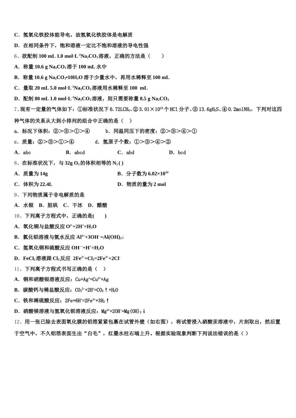 广东广雅中学2026届高一上化学期中复习检测试题含解析_第2页